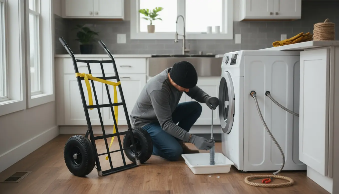 En person kobler en vaskemaskine fra i et åbent køkken og placerer den på en sækkevogn klar til transport.
