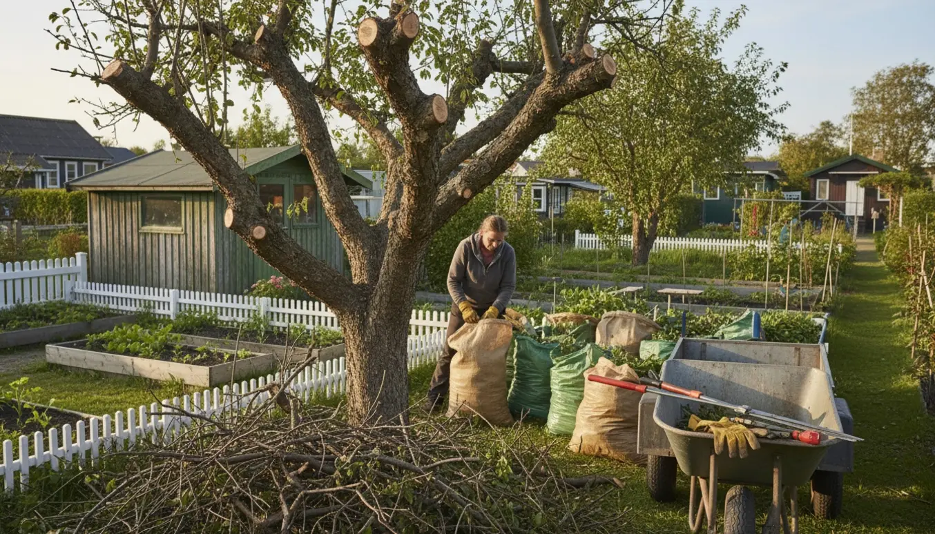 Nedskåret blommetræ i kolonihave med stablede grene og sække klar til genbrugspladsen.