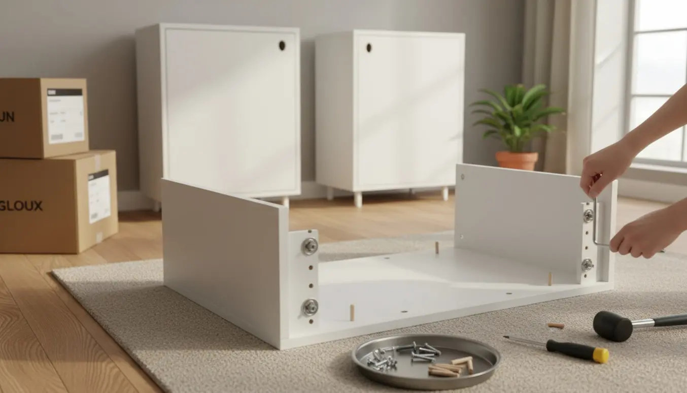 Hænder samler et enkelt hvidt fladtpakket skab med en unbrakonøgle på et lyst trægulv.