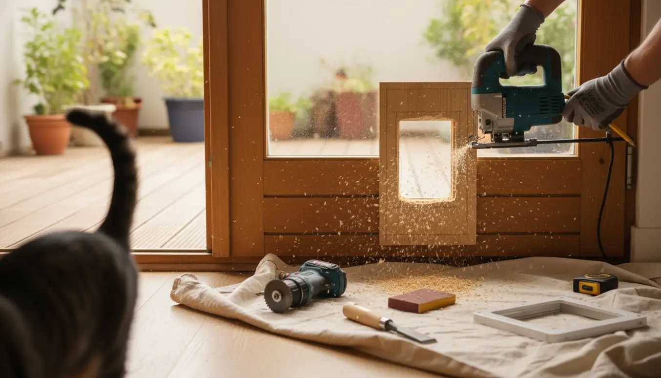 En person monterer en kattelem i den nederste del af en trædør til terrassen med værktøj og træspåner omkring.