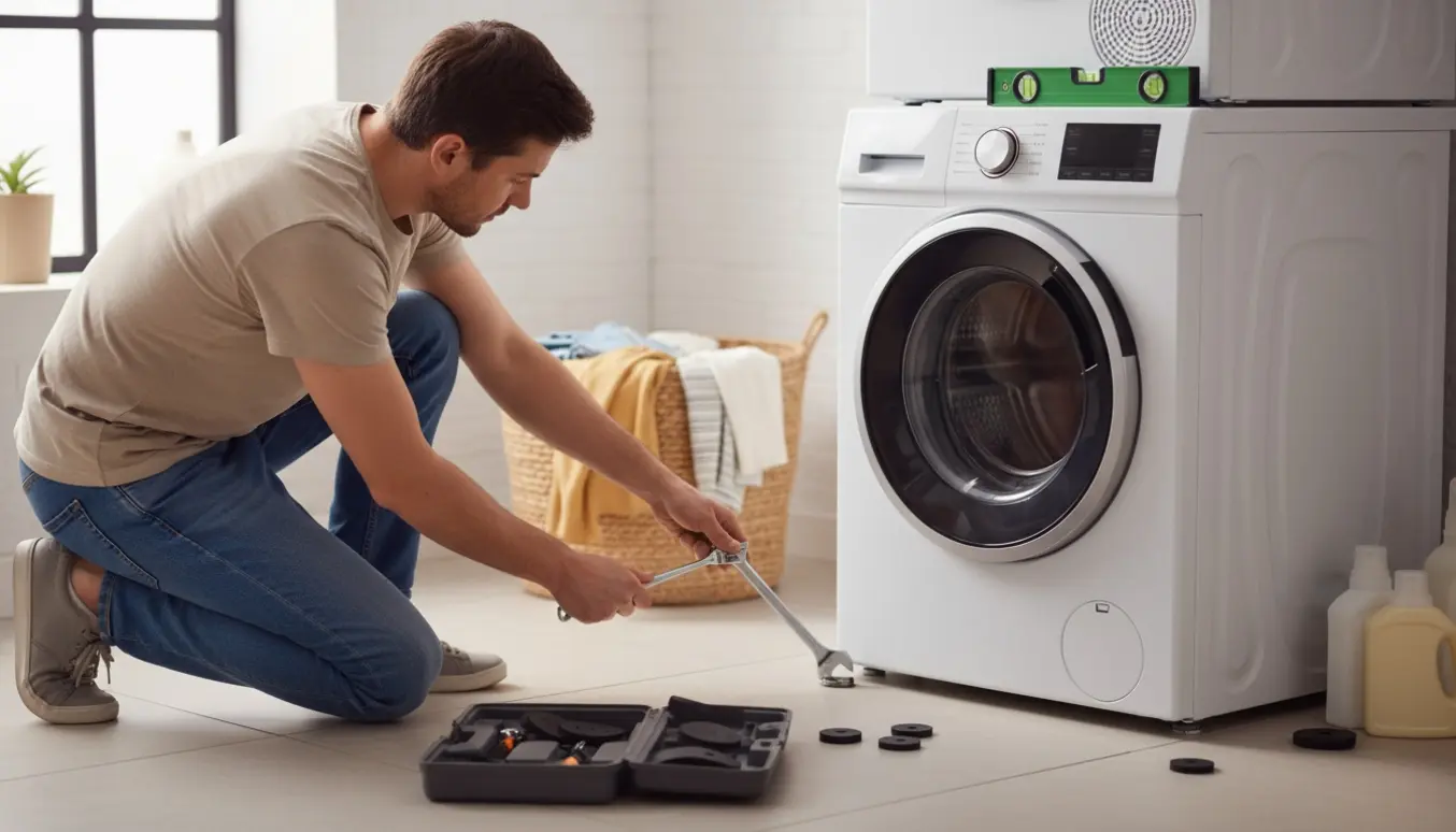 Hænder justerer niveaufødder på en vaskemaskine med en tørretumbler ovenpå i et lyst vaskerum.