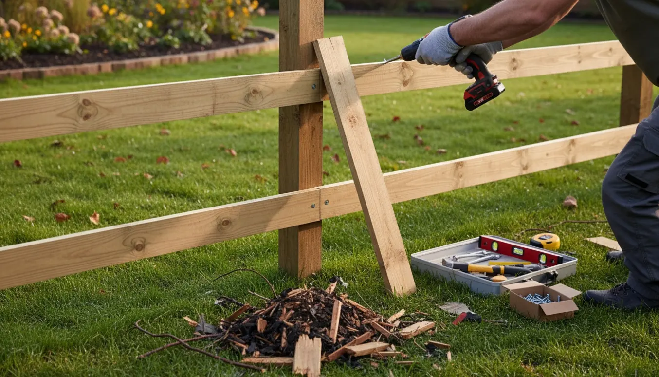 To nye trælister bliver monteret på et lamelhegn i haven med værktøj og stormrester på græsset.