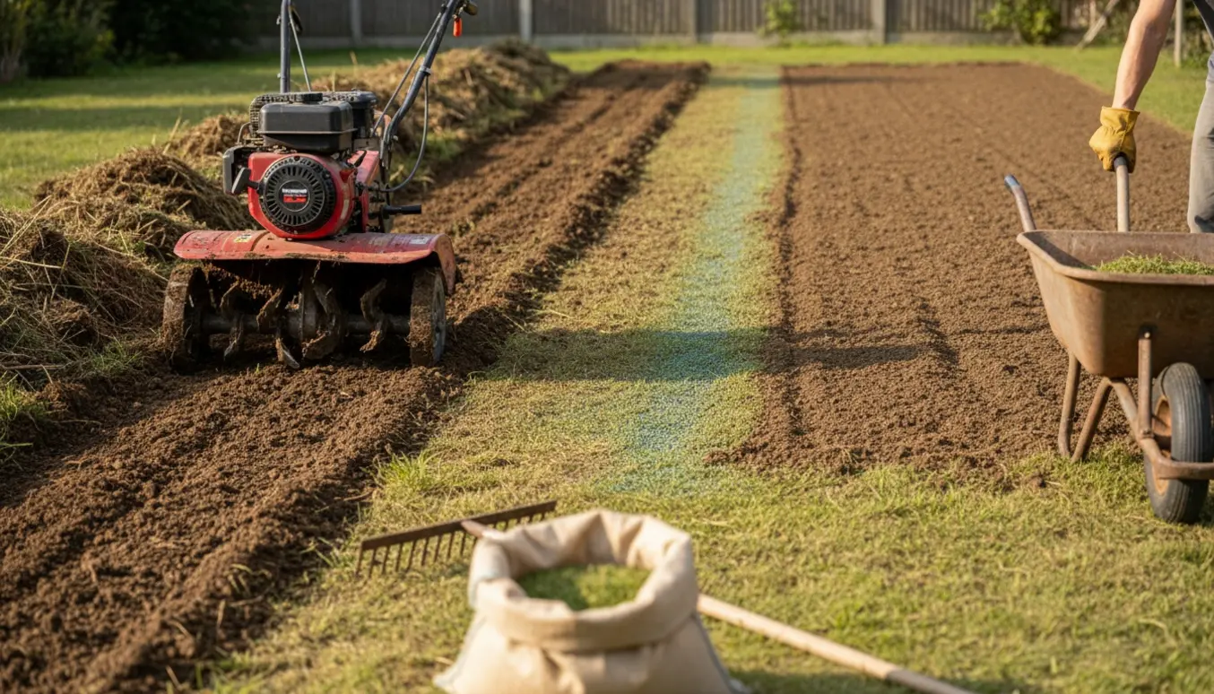 Fræsning af græsplæne med fræser og udlægning af nyt græsfrø i forhaven.