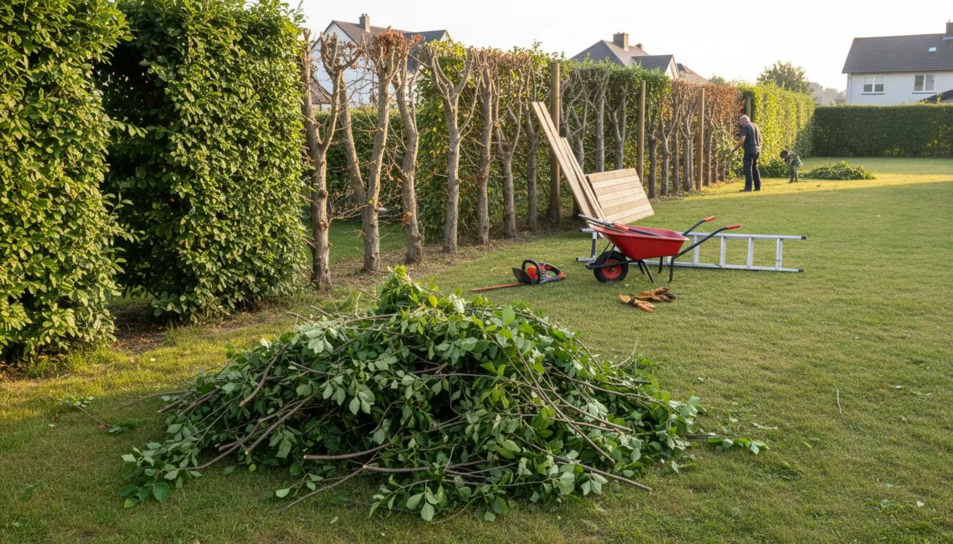 Avnbøghæk på hjørnegrund klippes ind til stammen med værktøj og træplanker klar til opsætning.