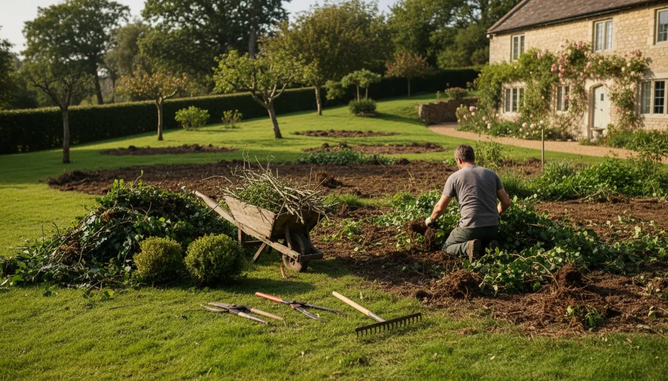 Person rydder et stort bed og fjerner efeu og små buske med redskaber og vogn ved siden af.