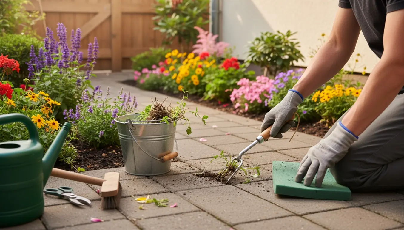 En havemand fjerner ukrudt mellem fliserne i en lille gårdhave med tre små blomsterbede.