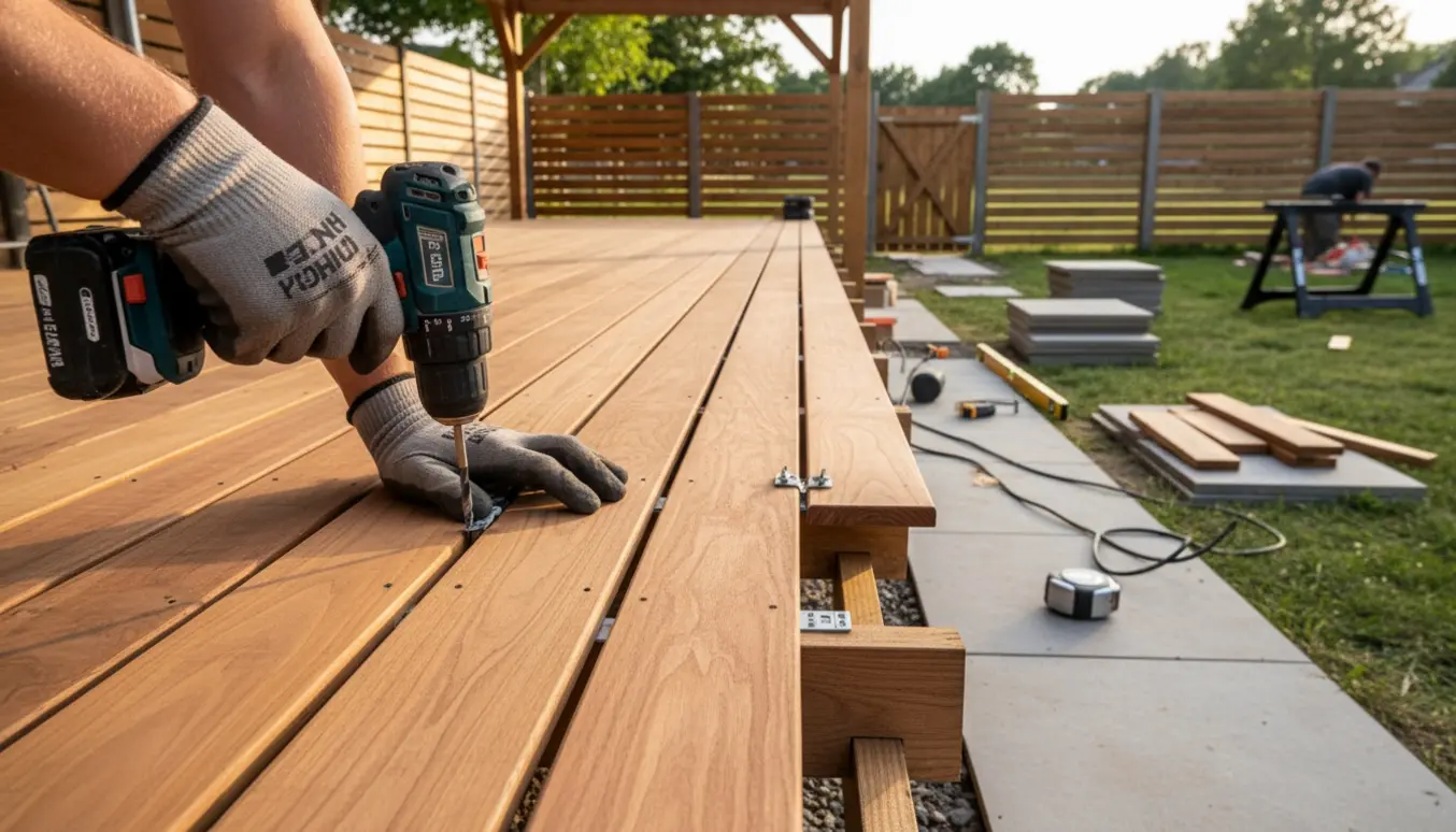 Halvfærdig trægulvterrasse med hænder, der monterer skjulte skruer, træhegn med havedør og fliseområde.