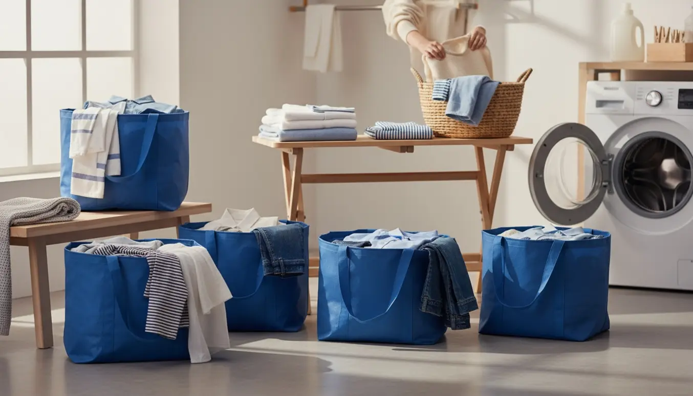 Fem til seks store fyldte vasketøjsposer i et lyst bryggers med foldet tøj på et bord.