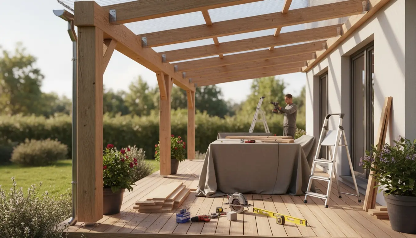 Delvist opført trætag over terrasse med værktøj og arbejdshænder i naturligt lys.