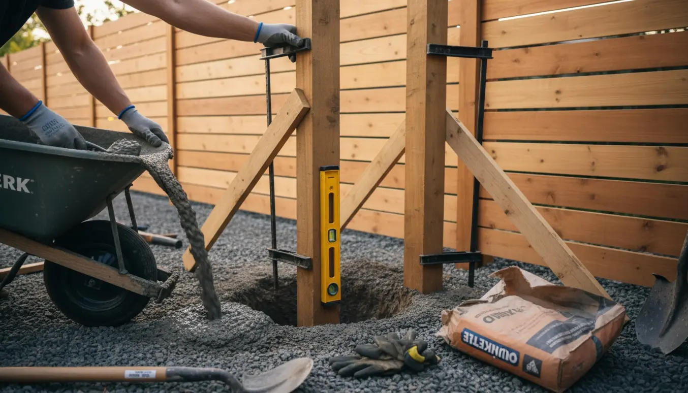 Hænder støber nye hegnsstolper fast i en have med våd beton, vaterpas og trillebør synlige.