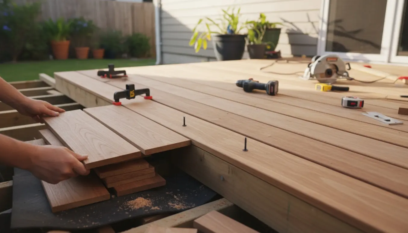 Tæt foto af en træterrasse, hvor nye matchende brædder monteres i begge sider i en solrig baghave.