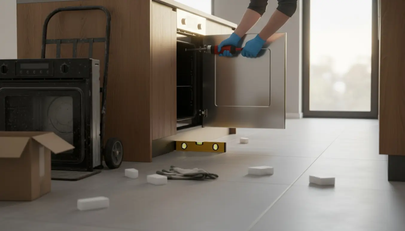 Installatør uden synligt ansigt monterer en ny ovn i et køkken, mens den gamle ovn står klar til afhentning.