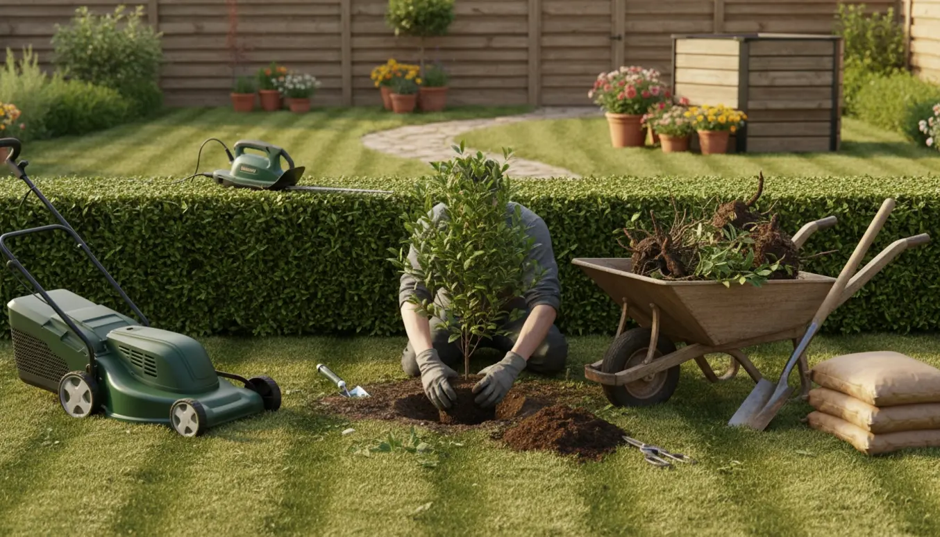 Solbeskinnet have med hækklipning, nyslået græs, fjernede buske og plantning.