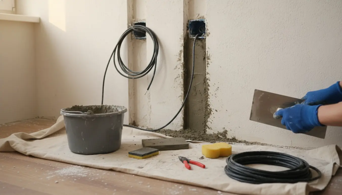 Hænder spartler frisk mørtel over fræste render med to indmuringskasser og ledning klar til at blive dækket.