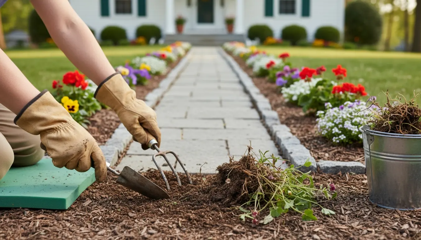 Person i handsker luger ukrudt fra seks små blomsterbede i forhaven med en spand til ukrudt ved siden af.