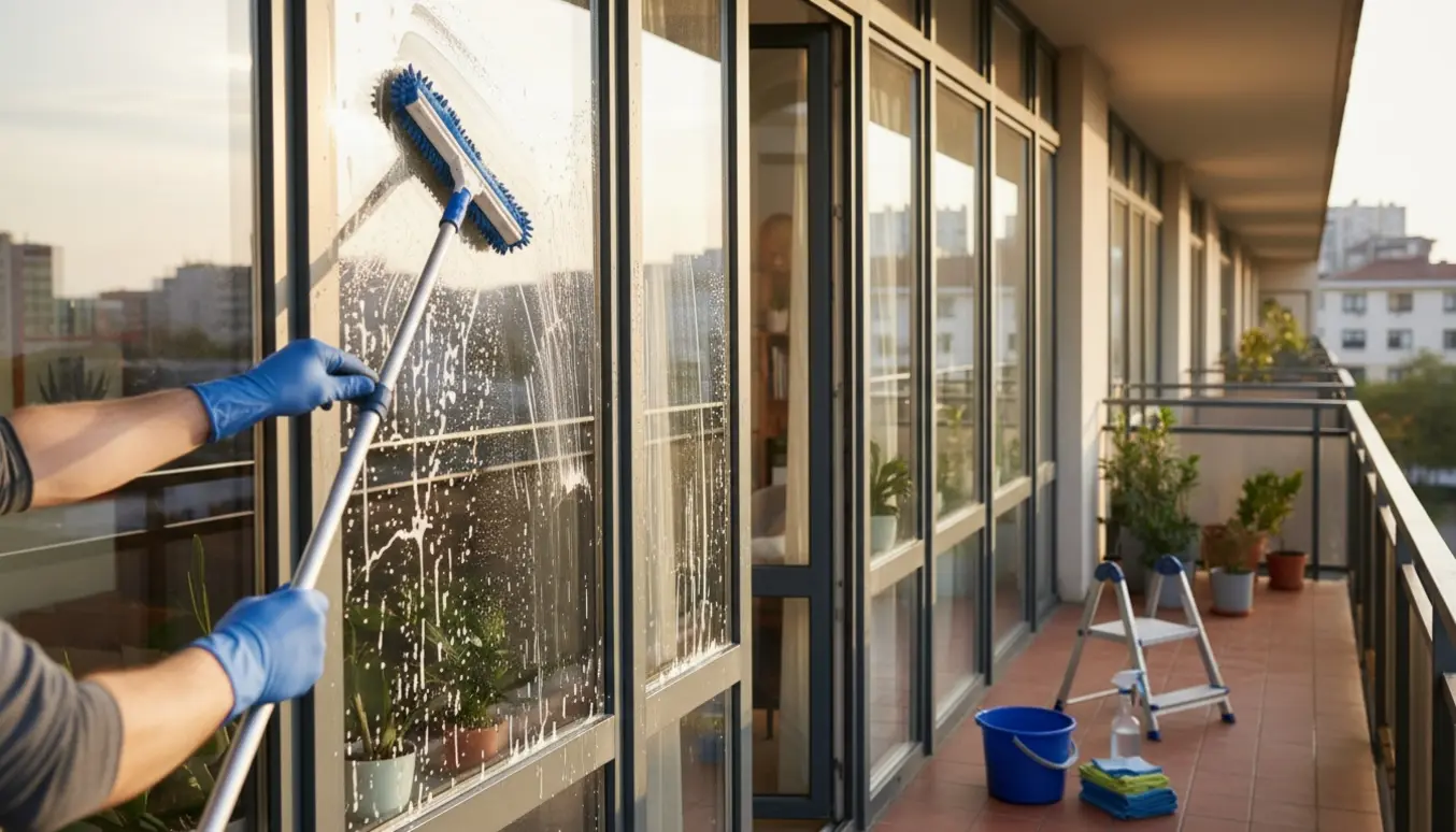 Række vinduer langs en solbelyst altan under pudsning med spand, squeegee og klude.