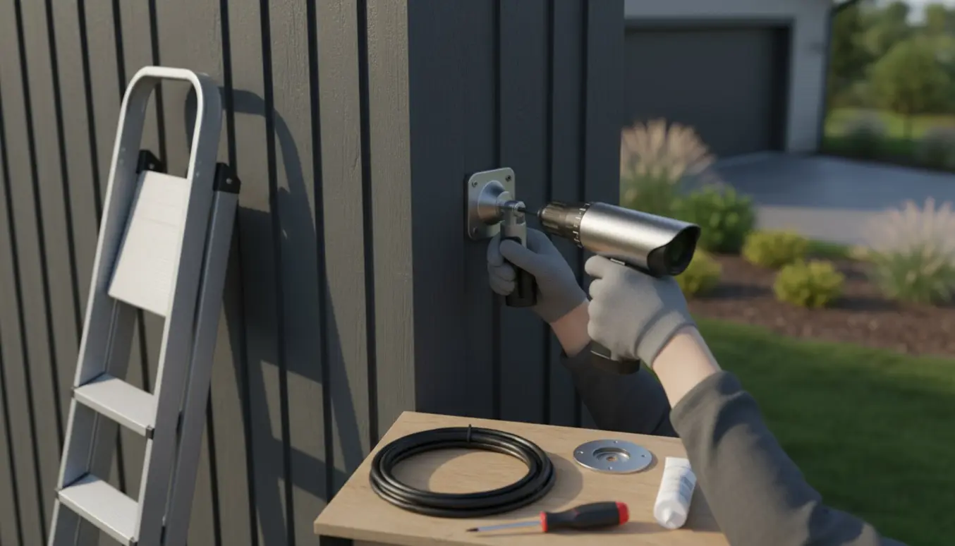 Tekniker monterer et overvågningskamera på husets udvendige væg, kun hænder og værktøj synlige.