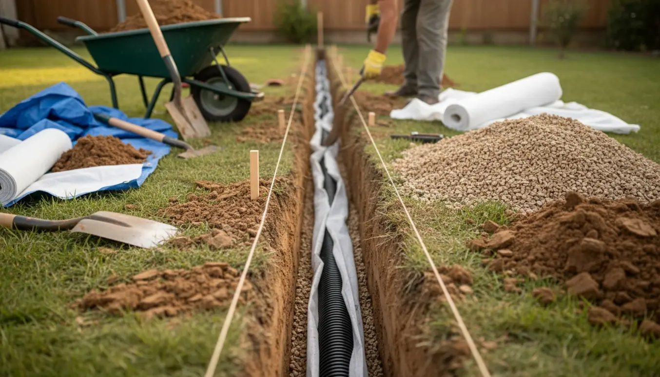 Åben drænrende i haven med drænrør, grus, skovl og trillebør klar til tilbagfyldning.