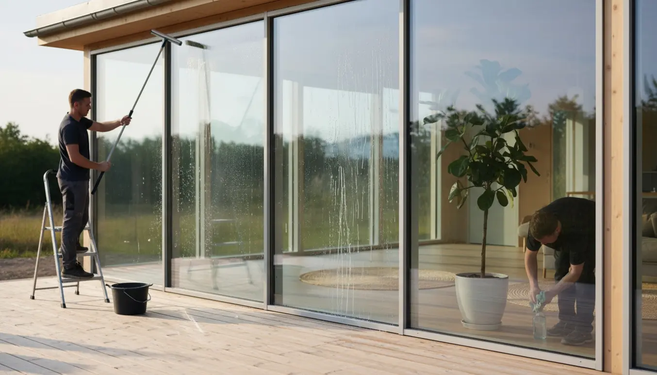 Vinduespudsere rengør store glaspartier og rammer på et nybygget sommerhus både ud- og indvendigt.