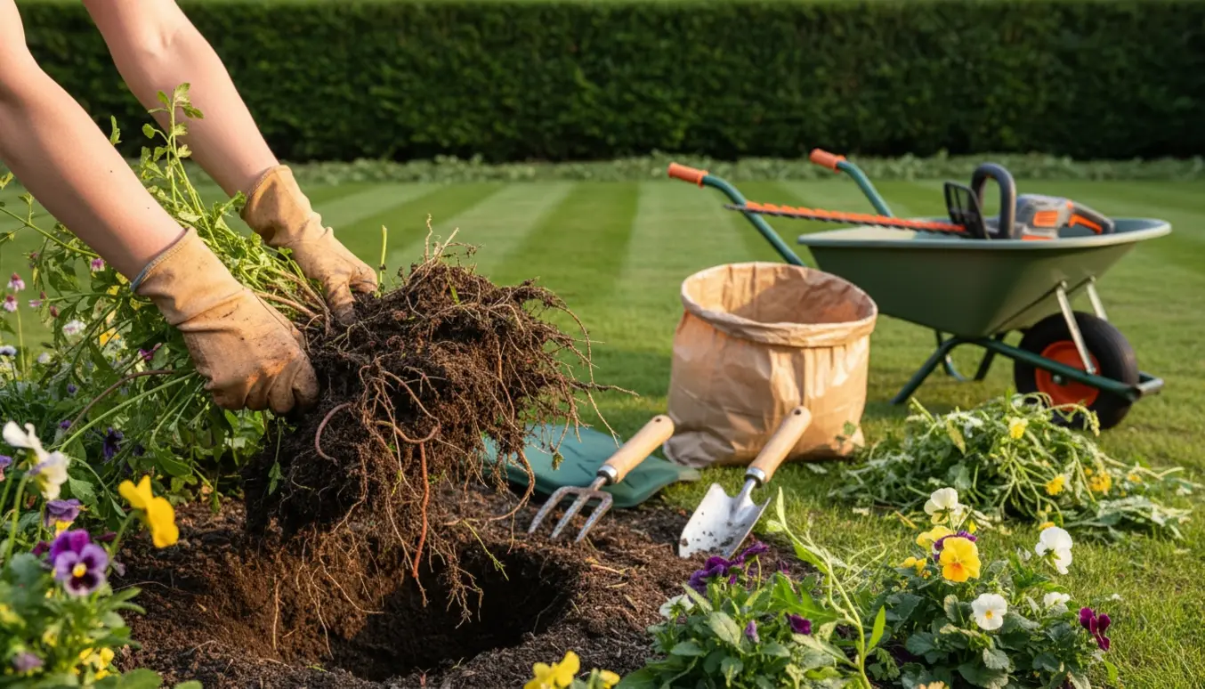 Nærbillede af handsker, der trækker ukrudt op fra et bed med haveredskaber, nyslået græs og en nyklippet hæk i baggrunden.