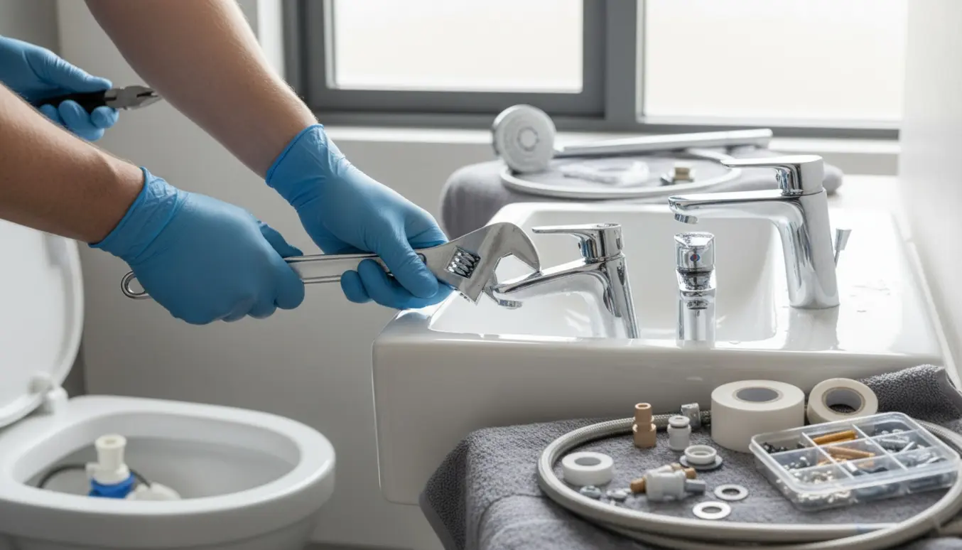 Hænder ved en åben toiletscistern og skift af armaturer i et lyst, moderne badeværelse.