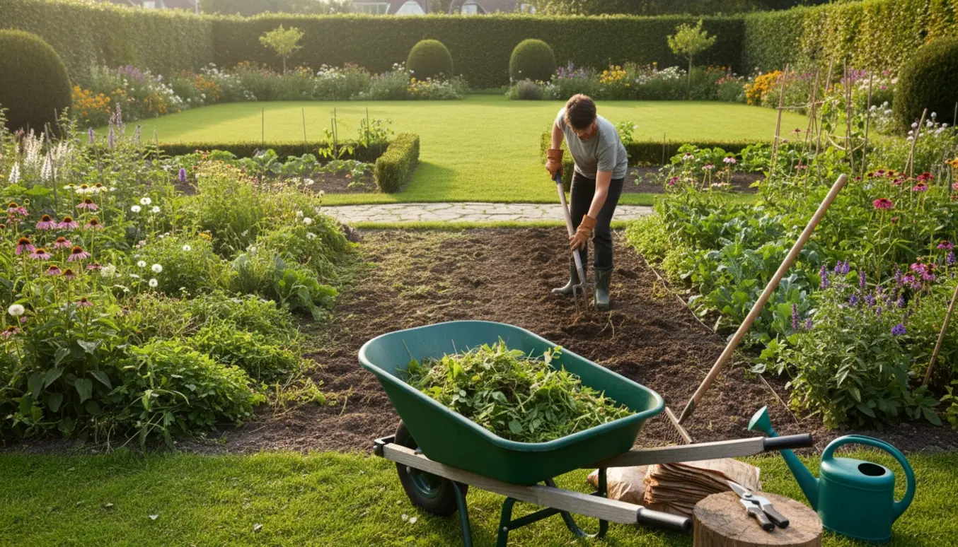 En rygvendt gartner luger og rydder i en mellemstor have med trillebør, rive og havegrej.