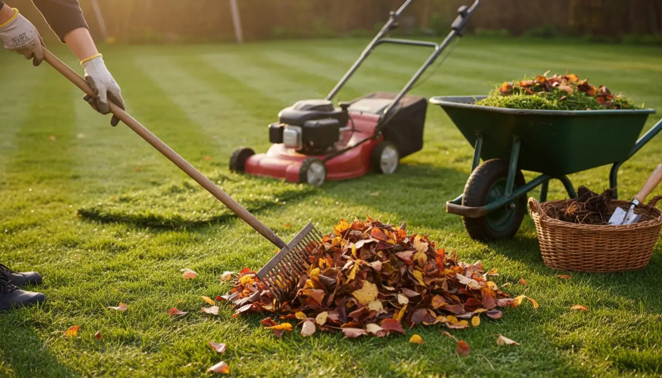 Hænder i havehandsker river blade sammen og fjerner ukrudt i en lille have med nyklippet græs.