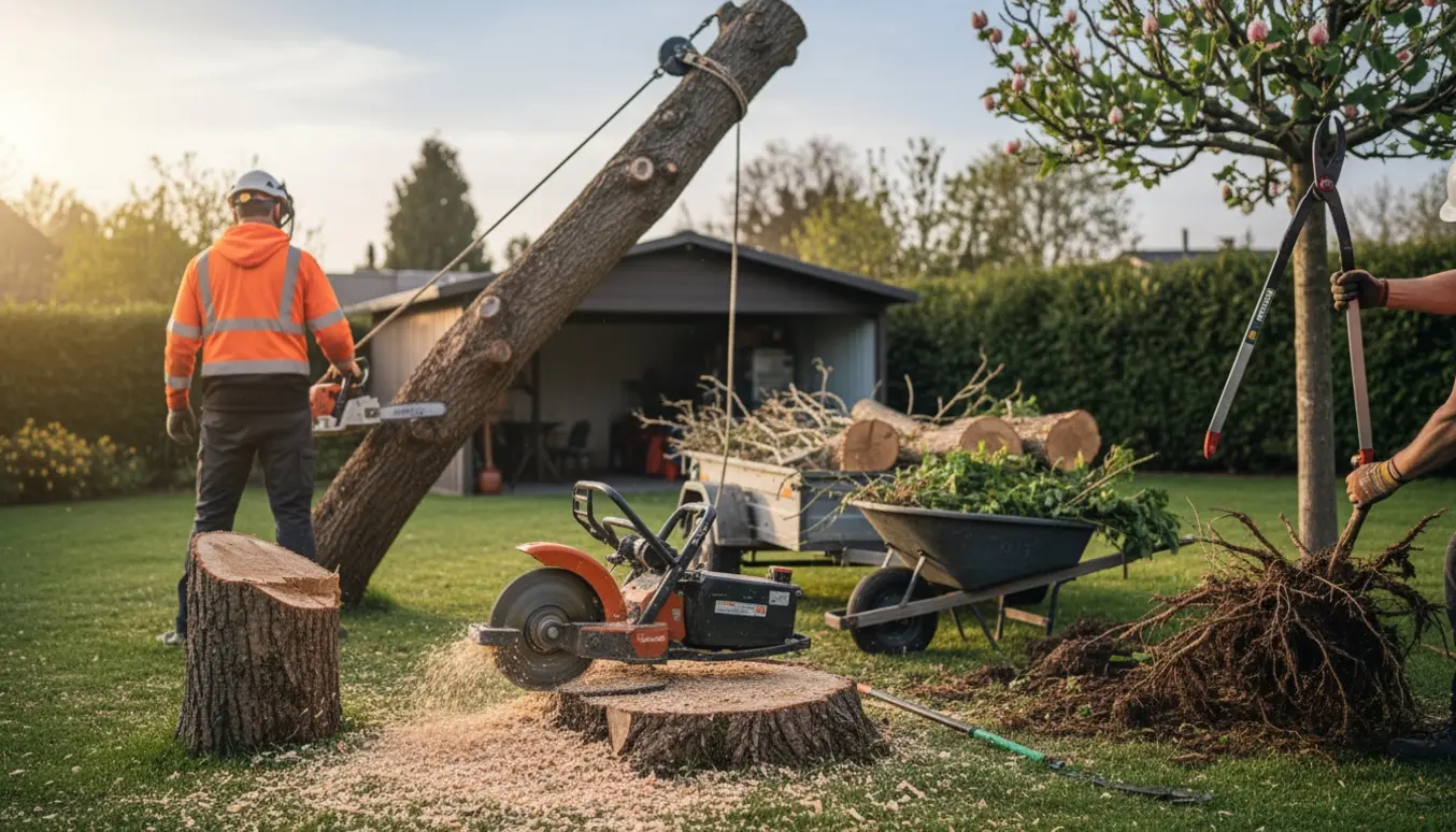 Havearbejder fjerner træ ved en carport, beskærer et tulipantræ, fjerner stub og død busk, mens træ og haveaffald læsses.