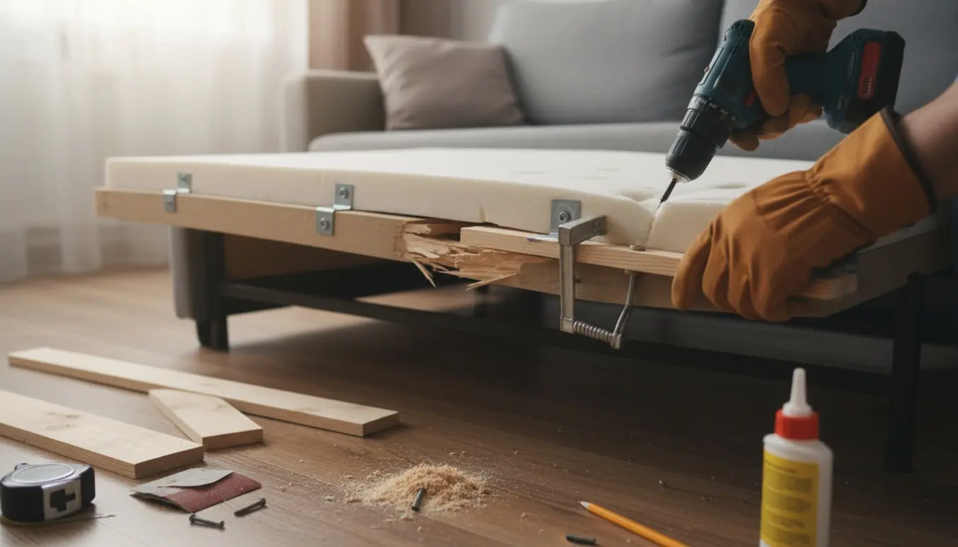 Hænder reparerer en knækket brædde under en sovesofa med værktøj og savsmuld rundt omkring.