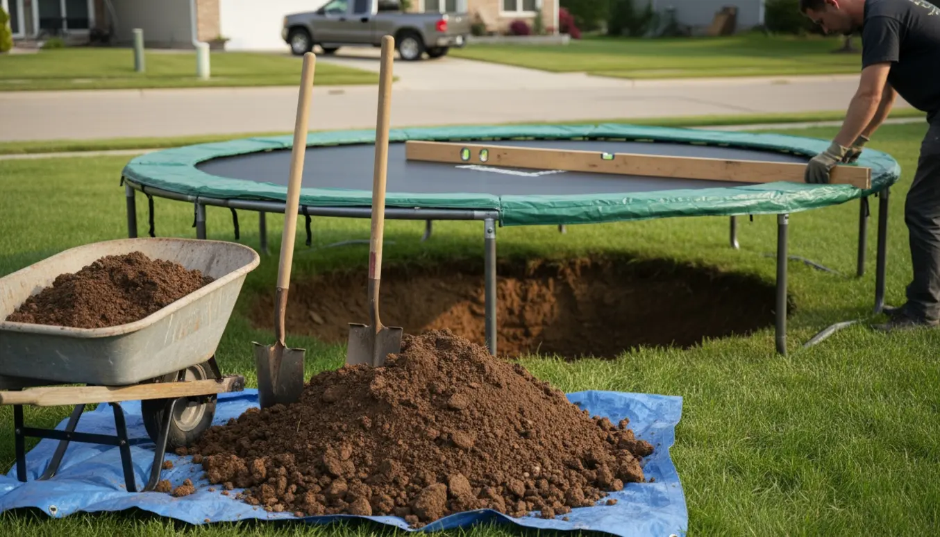 Stor cirkulær trampolin delvist nedsænket i et gravet hul i en baghave med skovle, trillebør og bunker af opgravet jord.