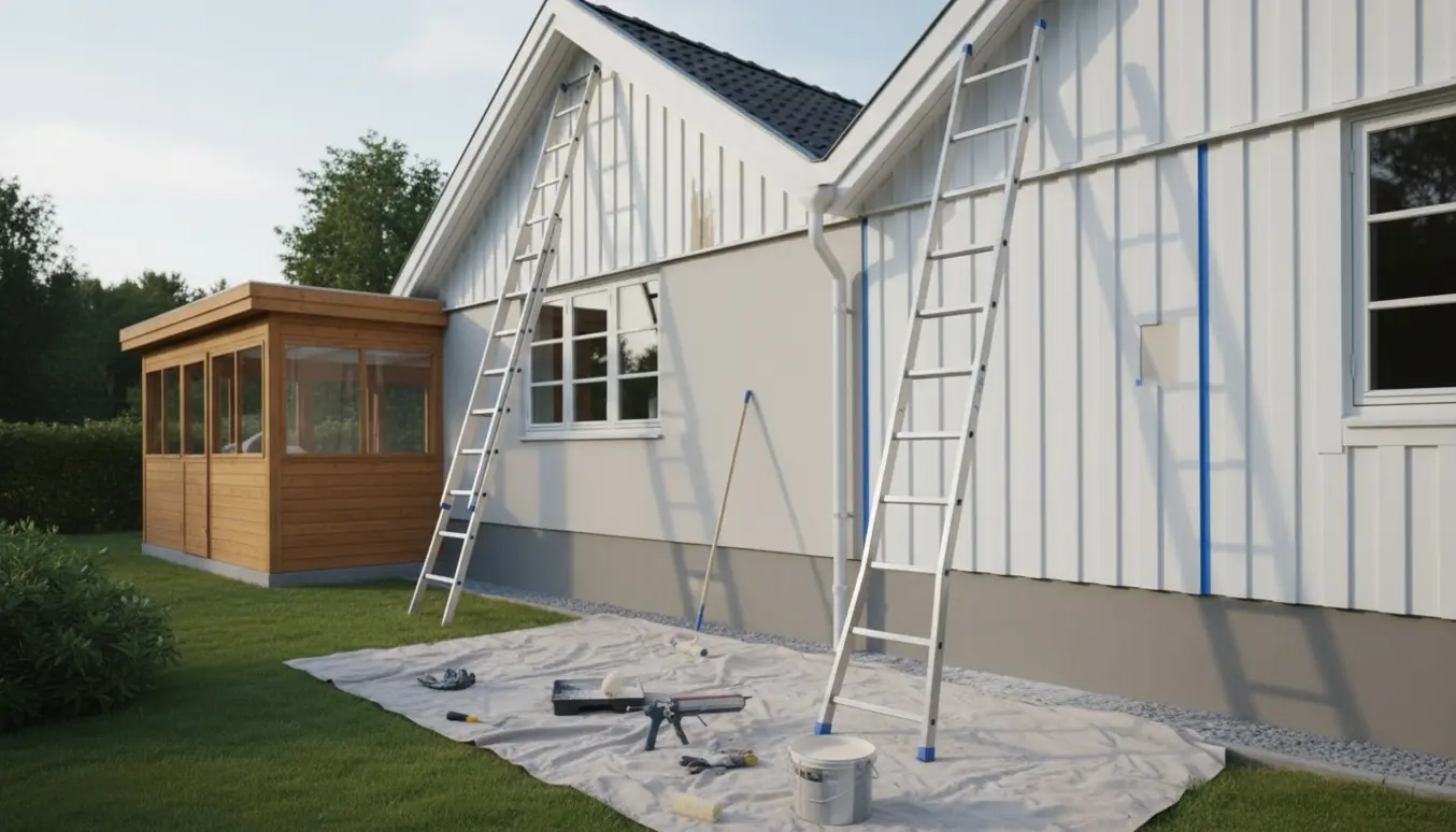 Hjørne af hus med to stiger mod gavlene, malerudstyr, frisk akrylfuge på sydgavlen og delvist malet sokkel, mens havestuen i træ er ubehandlet.