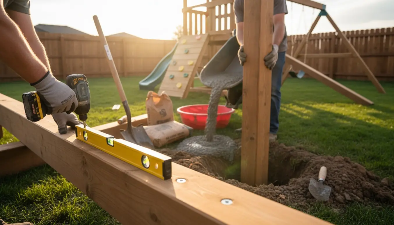 Delvist samlet trælegeplads i haven, hvor stolperne nedstøbes i frisk beton.