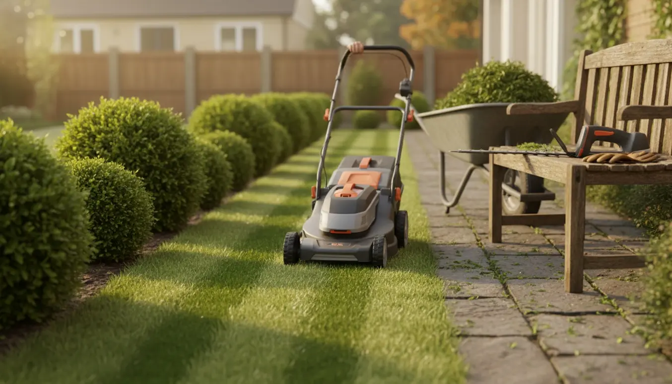 Nyklippet græs med markerede klippelinjer og nysnoede hække i en solrig have med plæneklipper og hækkeklipper.