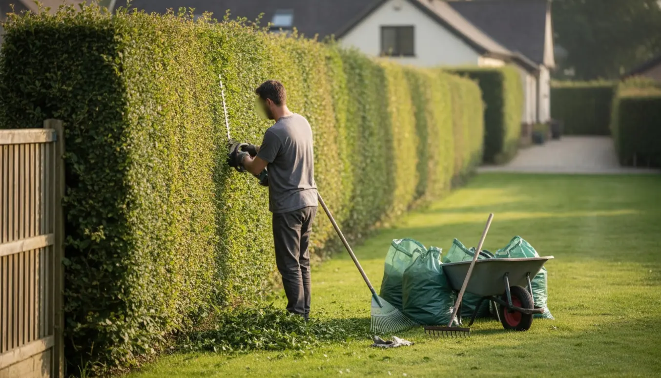 En person klipper toppen af en 2–2,5 m høj ensidet hæk med en almindelig hækklipper, med afklip i en trillebør og poser ved siden af.