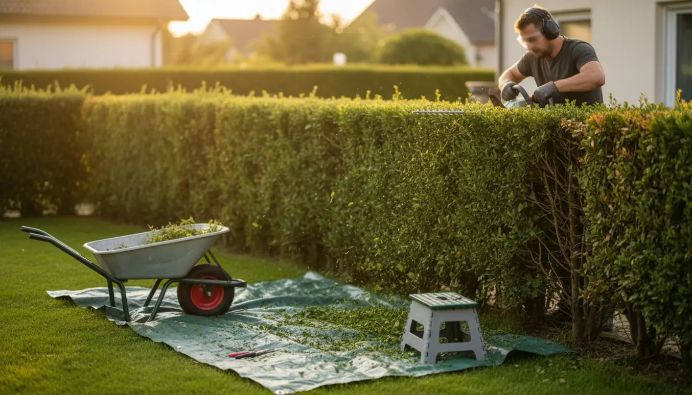 Person trimmer hækken til cirka 1,6 m højde med en elektrisk hækklipper i en solrig forstadshave.