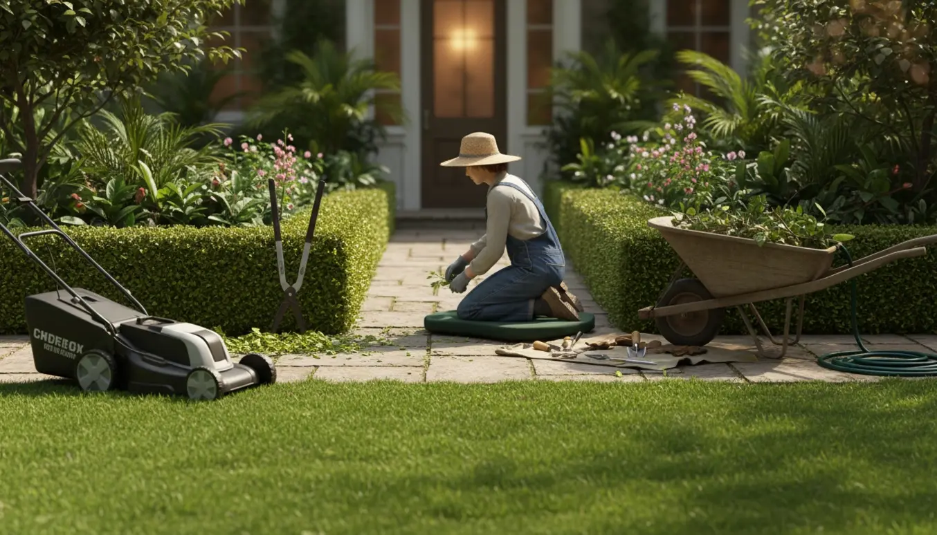 En havemand klipper bøgehækken, slår græs og fjerner ukrudt på terrassen ved hoveddøren.