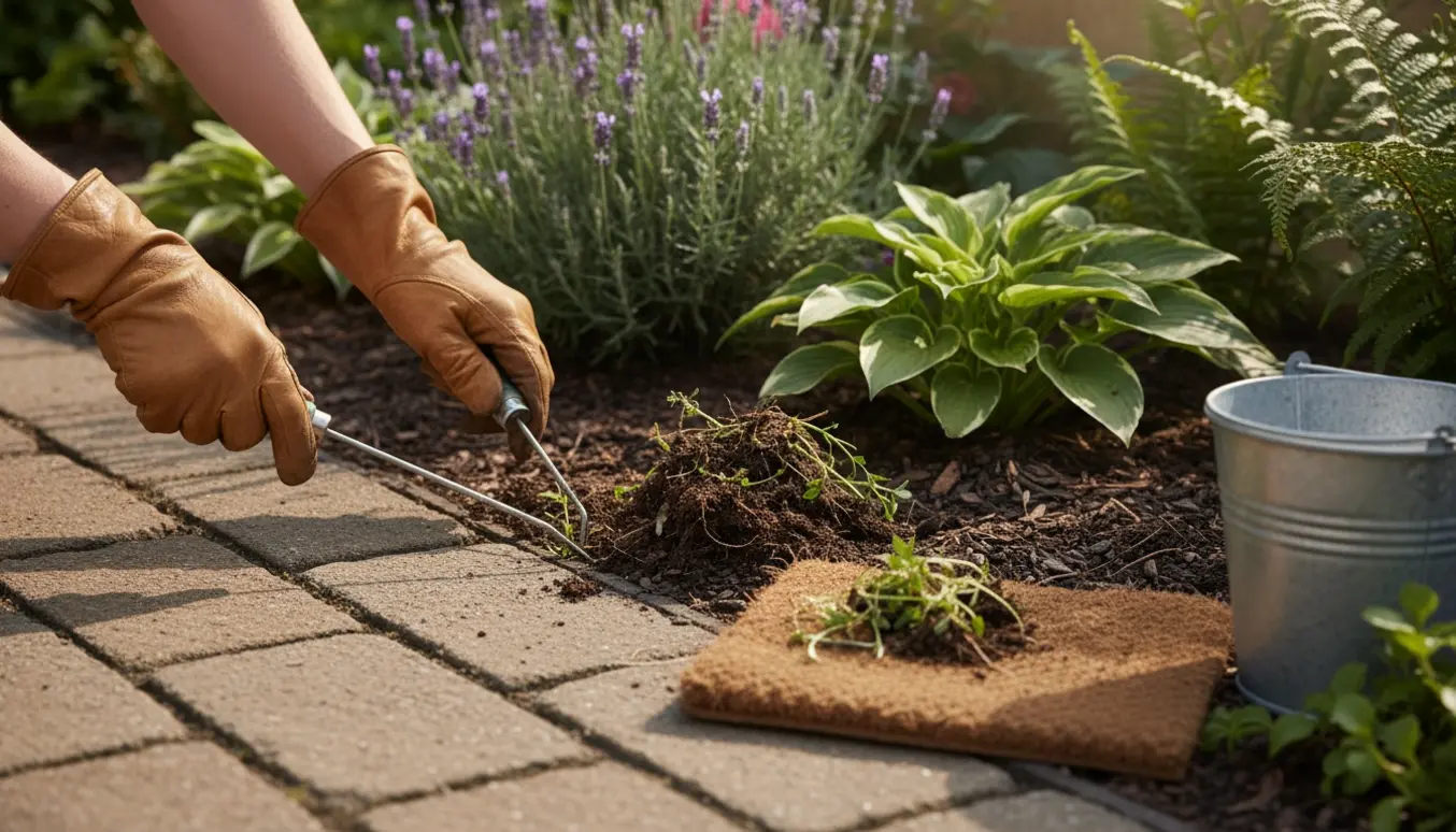 Nærbillede af hænder i handsker, der fjerner ukrudt mellem fliser og i et blomsterbed på en solskinsdag.