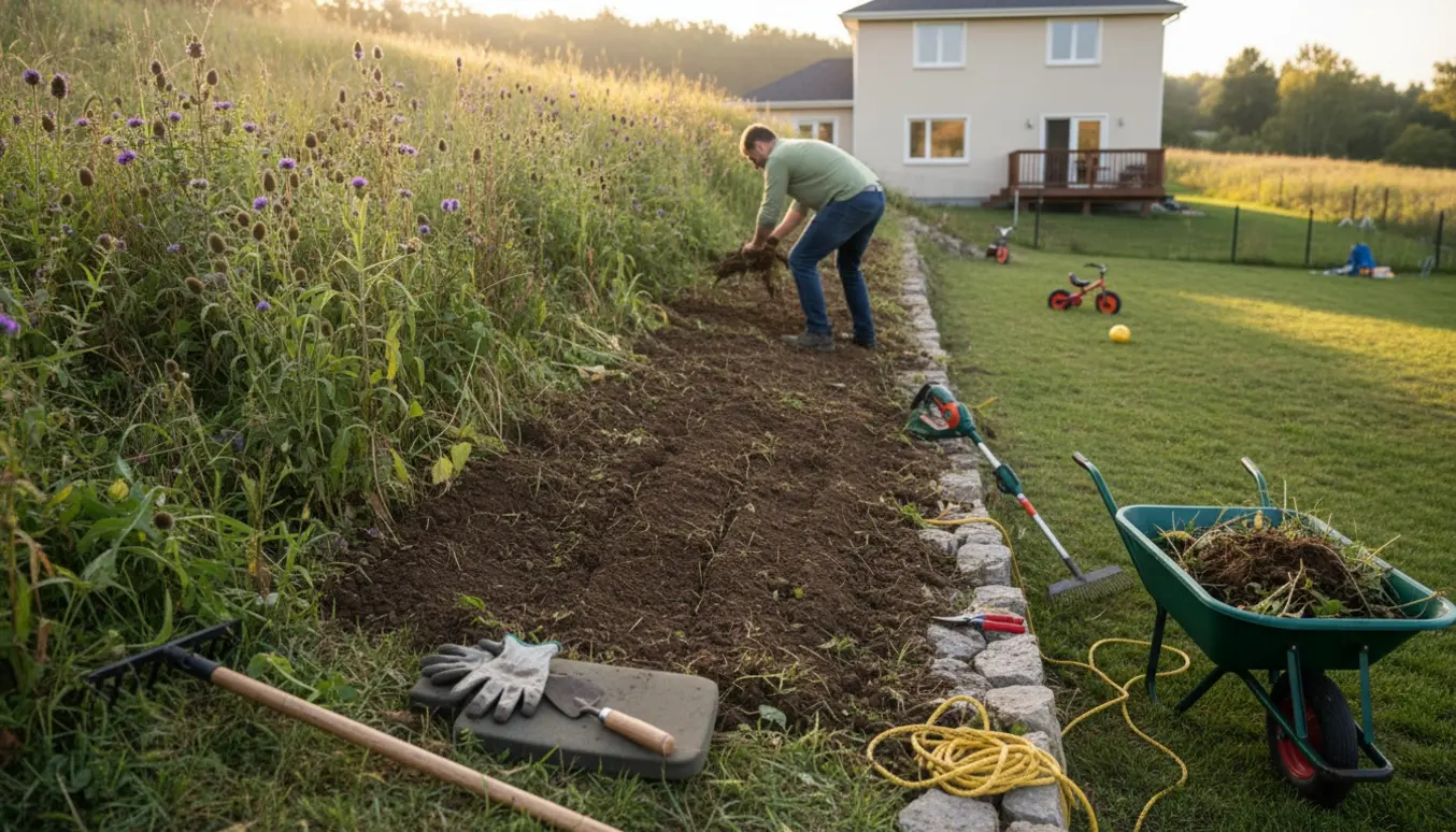 Person fjerner ukrudt fra en skrænt bag et parcelhus med værktøj og en fyldt trillebør i forgrunden.