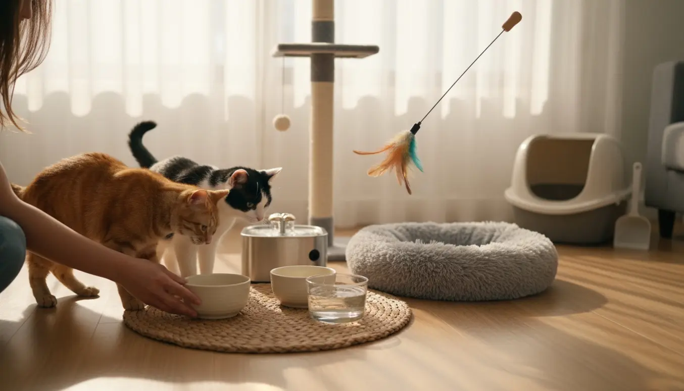 To katte og en kattepasser i en solrig stue, hvor hænder placerer madskåle og nusser kattene.