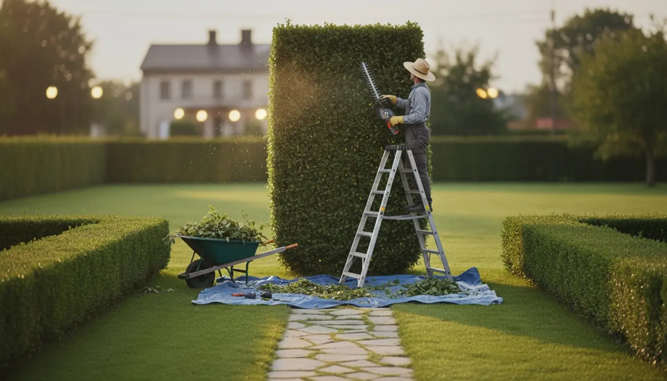 Person trimmer tre hække med hækkeklipper og stige, nyslåede grønne afklip ligger på en presenning.