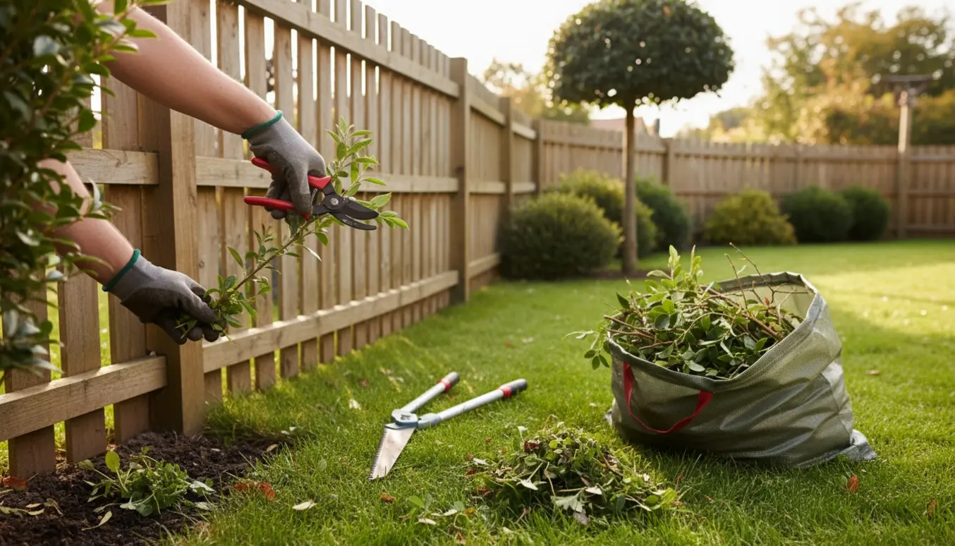 Nærbillede af arbejdshænder, der beskærer buske og trækker ukrudt langs et træhegn med afklippede grene i en bunke.