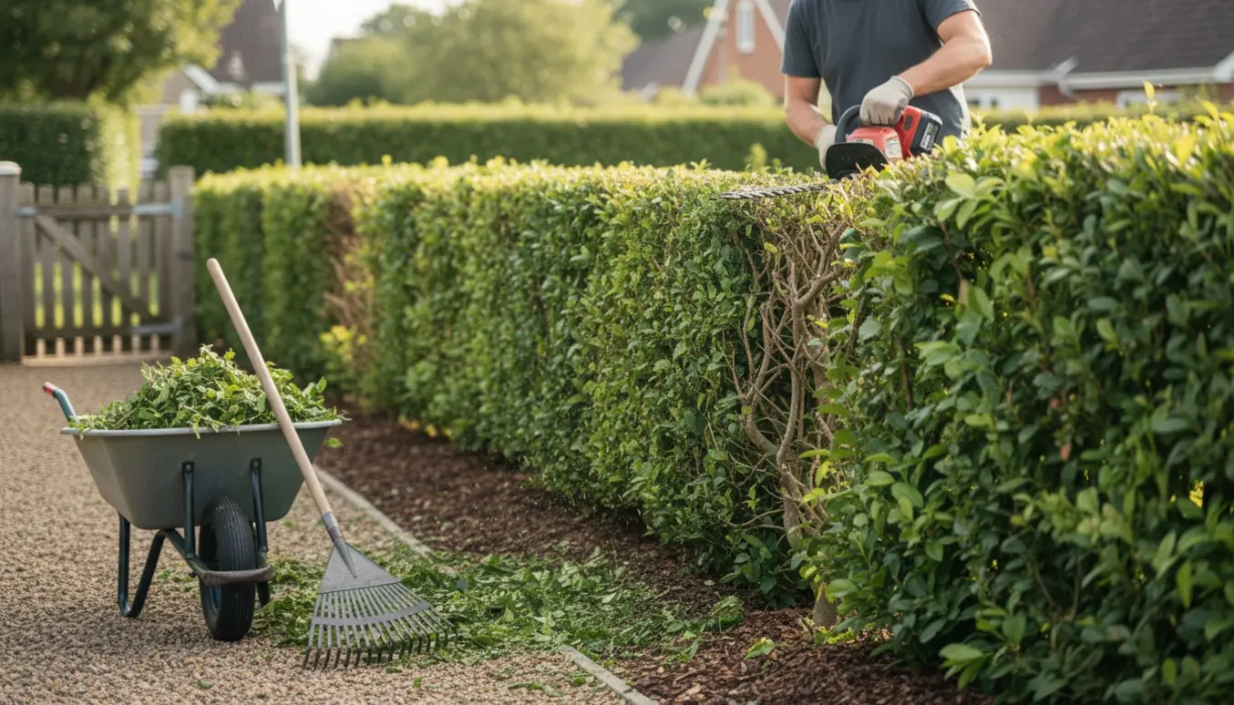En person trimmer en lang hæk i en forstadshave med hækkeklipper, rive og vogn fyldt med afklip.