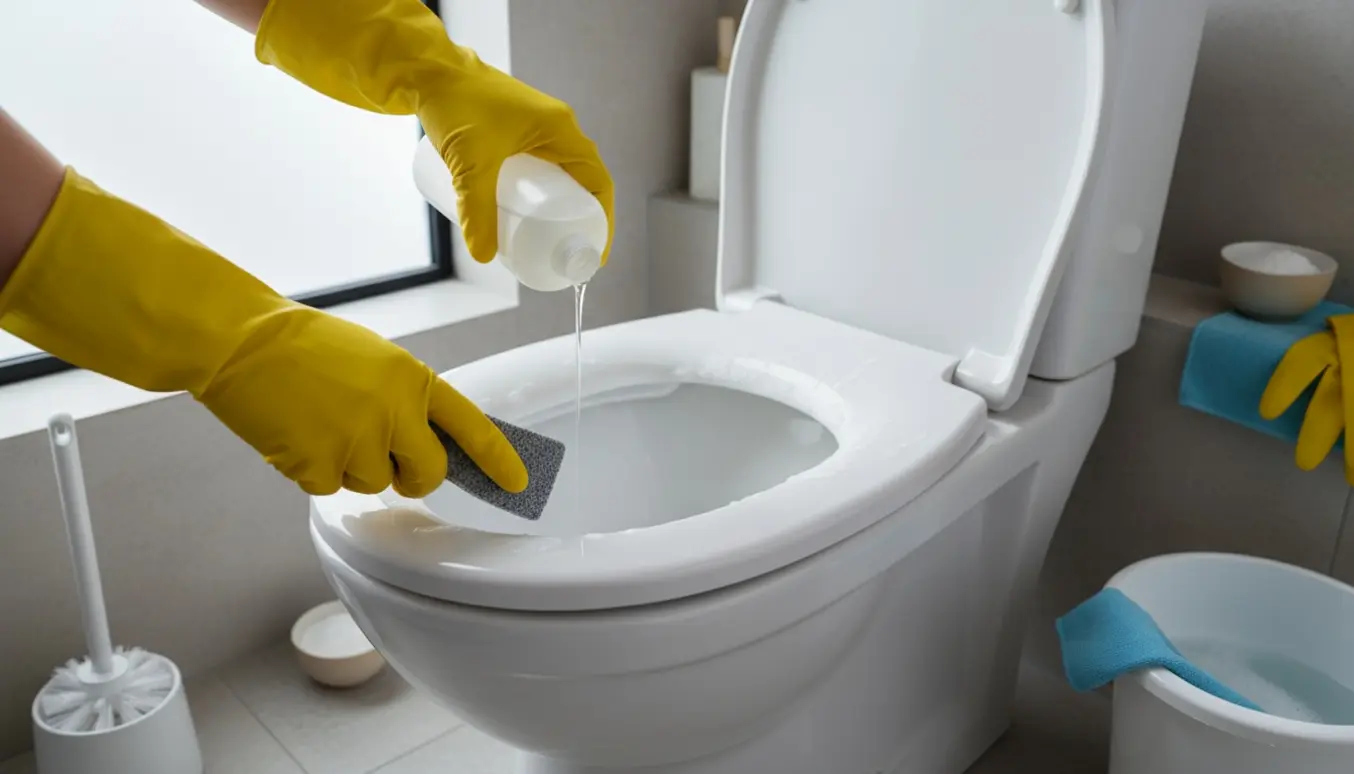 Gummihandskeklædte hænder fjerner kalk fra en toiletskål med rengøringsmiddel og skuresvamp.