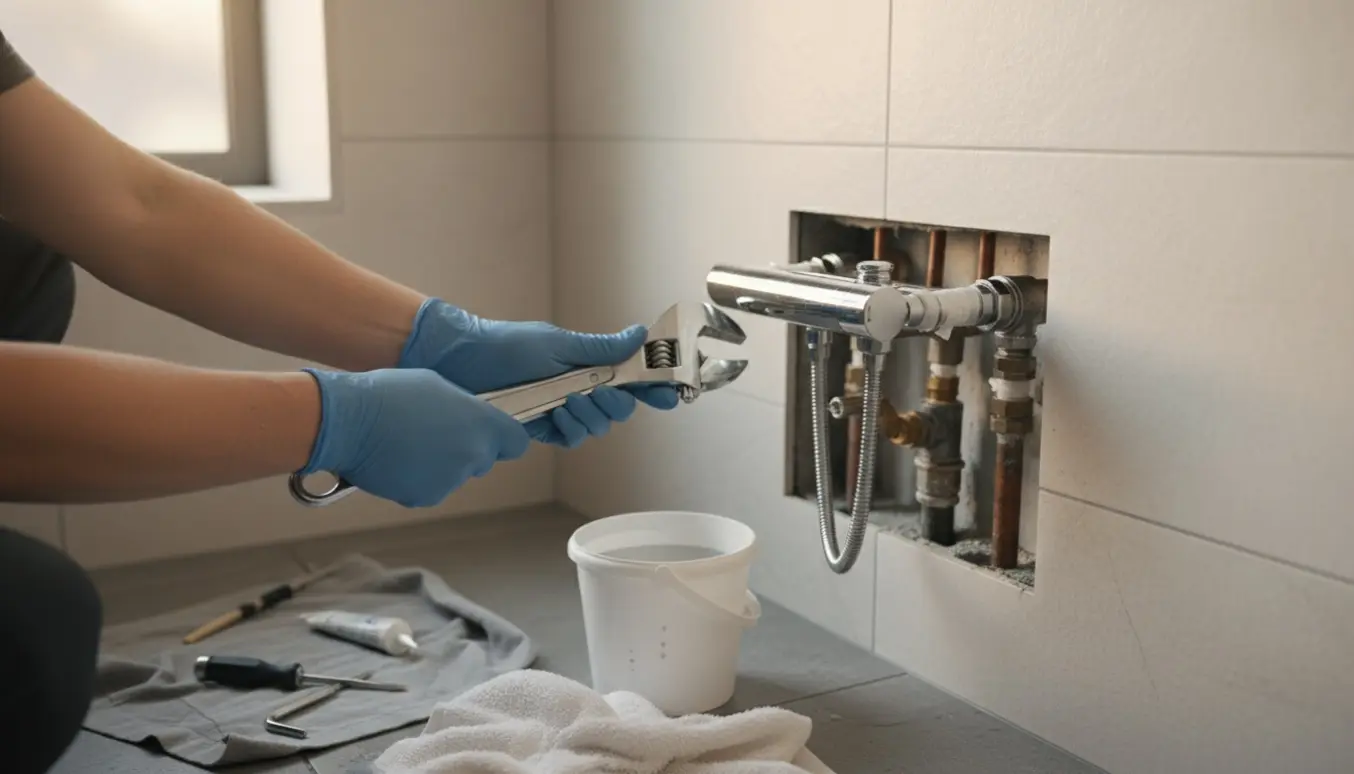 Nærbillede af hænder, der monterer et nyt krom bruserarmatur på flisevæggen.