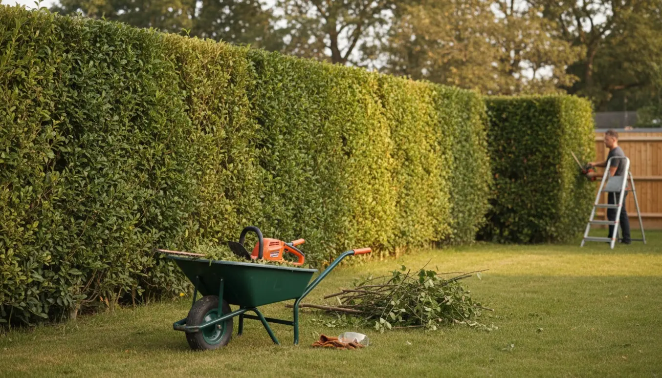 Nyligt klippet hæk omkring 180 cm høj med hækklipper, trillebør med afklip og en stige i haven.