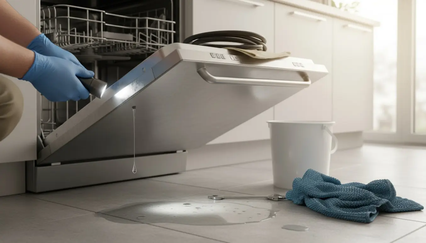 En utæt opvaskemaskine drypper vand fra nederste venstre dørkant ned på køkkengulvet.