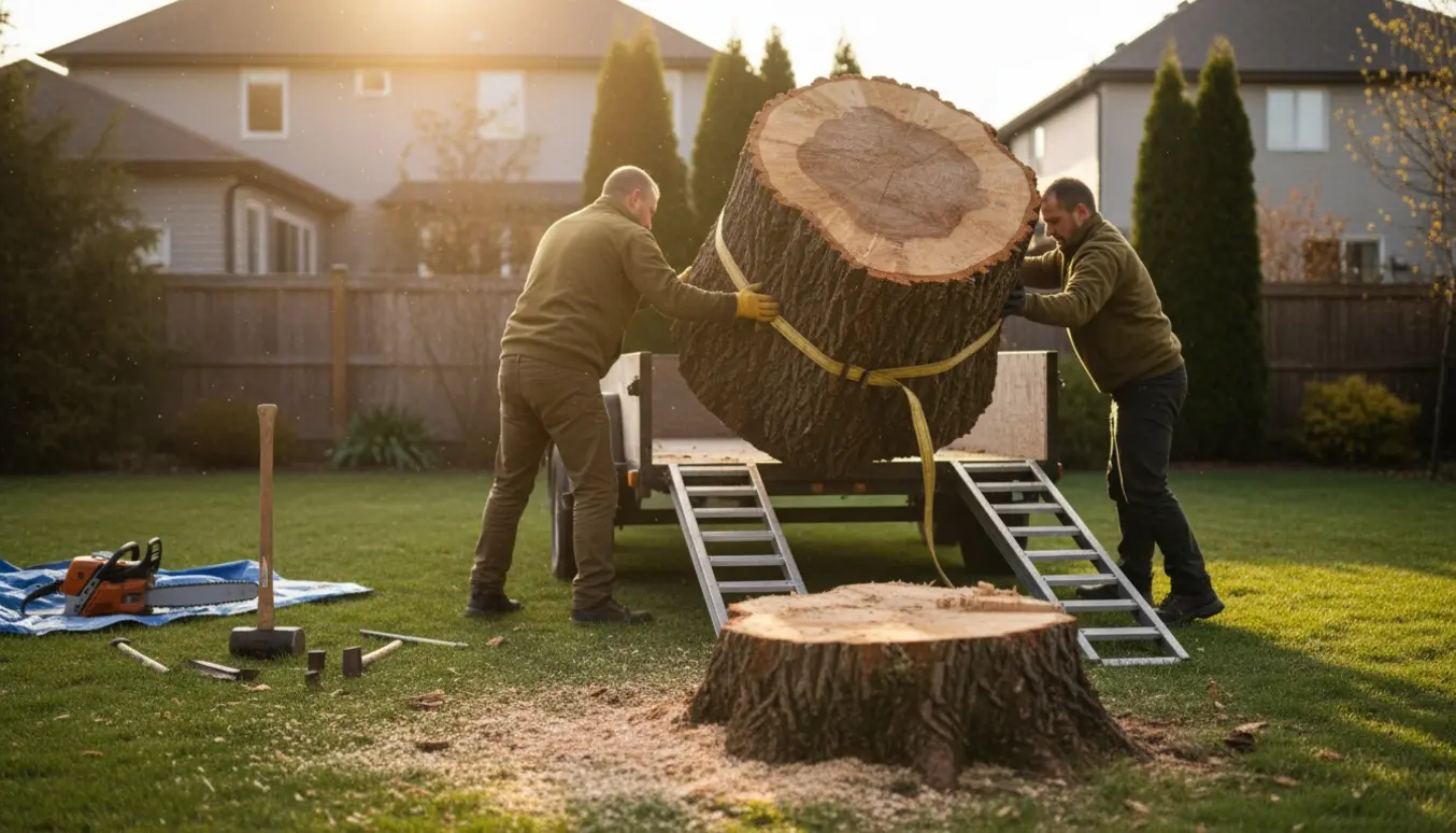 Stor træstub ved en trailer med ramper, to mænd skubber den op omgivet af flis og værktøj.
