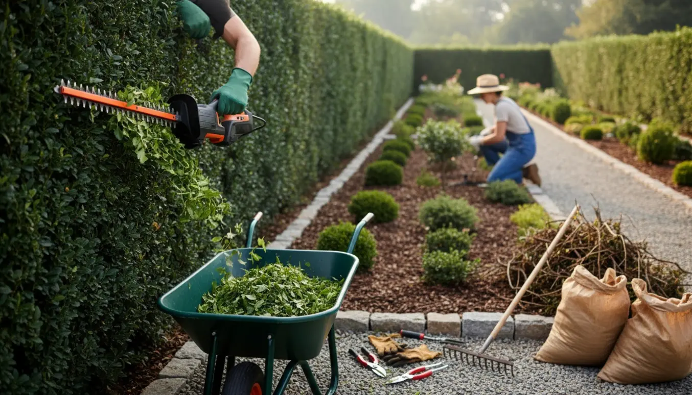 Nærbillede af hækkeklipper og hands-on havearbejde ved velplejede bede og en lang hæk.