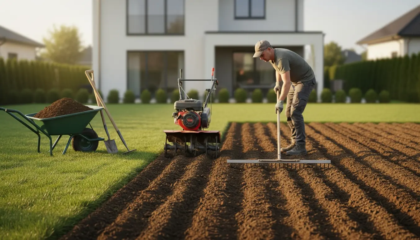 En havefræser vender mørk jord, mens en arbejder nivellerer jorden med en lang rive foran et parcelhus.