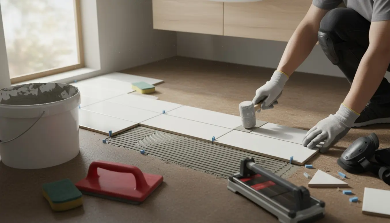 Hænder lægger nye gulvfliser oven på et eksisterende badeværelsesgulv med værktøj rundt om.